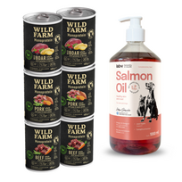 Wild Farm Monoprotein skonių mišinys 6x400g hipoalerginis šunų ėdalas + LAB V Lašišų aliejus šunims ir katėms 1000ml