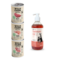 Wild Farm Pate Beef 3x400g ėdalas šunims be glitimo + LAB V Lašišų aliejus šunims ir katėms 500ml