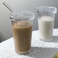 380Ml Paprastas dryžuotas stiklinis puodelis su dangteliu ir šiaudeliu permatomas arbatos puodelis Sultys stiklinis alaus skardinėlis Mocha puodeliai pusryčių kavos puodelis 1 pcs