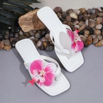 Cut Toe Flower Decoration Non-slip Beach Flip-flops Square Toe Flat Sandals 43 balta