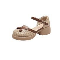 New leather sandals women's Korean version one-word sandals with bag head children's inner height increase retro casual single shoes women 32