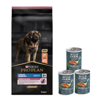 Purina Pro Plan Large Adult Robust Optiderma, lašiša ir ryžiai 14kg +  Wild Farm Superfood Salmon lašiša 3x400 g pašaro šunims be grūdų