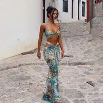 Vasarinė suvarstoma kaklo juostele, dažyta tie-dye, su išpjovomis, ilga suknelė moterims, seksuali, be petnešėlių, atviru nugara, tvarstinė suknelė, moteriška suknelė šventėms, paplūdimio suknelė S mėlyna