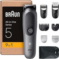 "Braun All-in-One Series 5" kirpimo rinkinys "9-in-1", itin aštrūs peiliukai, 120 min. baterija, "SkinGuard" technologija, tikslus kirpimas, "AquaGrip" rankena po vandeniu, AIO5545, pilka