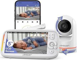 "jeeber" 2K/3MP kūdikių monitorius su kamera ir programėle, 360 laipsnių, 5 colių "WiFi" vaizdo monitorius, HDR naktinis matymas, verksmo / judesio / triukšmo aptikimo funkcija, temperatūros rodymas, didelis diapazonas, diapazono signalizacija, be