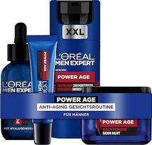 "L'Oréal Men Expert Anti-Ageing" priežiūros rinkinys vyrams nuo raukšlių, su XXL veido kremu, veido serumu, akių kremu ir naktiniu kremu, dovanos vyrams su hialurono rūgštimi, "Power Age", 4 dalys