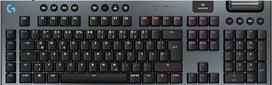 "Logitech G G915 X LIGHTSPEED" plokščia belaidė žaidimų klaviatūra su dvigubo atspalvio PBT klavišų dangteliais, RGB apšvietimu, raudonais linijiniais GL jungikliais, skirta PC/Mac, DEU QWERTZ išdėstymas - juoda