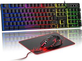 "Rewurnth" žaidimų klaviatūros ir pelės rinkinys, QWERTZ DE išdėstymas, laidinė klaviatūra su RGB apšvietimu, ergonomiška 4 spalvų LED žaidimų pelė, didelis pelės kilimėlis, USB "Plug & Play", skirtas PC PS4 Xbox