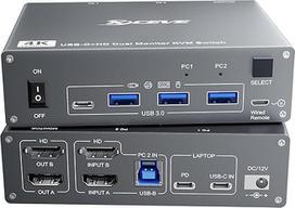ESKEVE USB C HDMI KVM jungiklis 2 kompiuteriams 2 monitoriams, dviejų monitorių KVM jungiklis nešiojamajam ir asmeniniam kompiuteriui, USB 3.0 MST Dual 4K @ 60Hz, C tipo 60W įkrovimas nešiojamajam kompiuteriui, HDMI KVM jungiklis USB C su nuotolinio valdy
