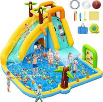 GYMMALL Pripučiama vandens čiuožykla "Bouncy Castle" su 450 W pūstuvu, "10-in-1" vandens žaidimų parkas vaikams patalpose ir lauke su šokinėjimo zona, baseinu, vandens purkštuvais ir čiuožykla