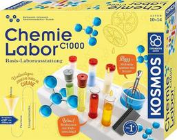 KOSMOS 645540 C1000 Chemijos laboratorija, pagrindinė laboratorinė įranga su apsauginiais akiniais ir 7 cheminėmis medžiagomis, chemija 10-14 metų vaikams, pagrindinis kursas, eksperimentų dėžutė ant mėtų