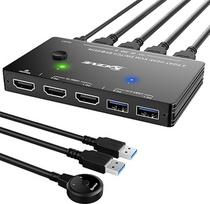 KVM jungiklis 8K@60Hz 4K@120Hz, ESKEVE HDMI KVM jungiklis 2 kompiuteriams, kuriais dalijamasi 1 monitoriumi ir 3 USB 3.0 įrenginiais, pridedamas laidinis nuotolinio valdymo pultas ir USB kabelis