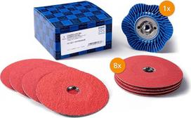 PFERD COMBICLICK pluoštinių diskų rinkinys, 9 dalys / keramikos grūdelių skersmuo 125 mm CO-COOL 36, 60, 80, 120, įskaitant atraminę plokštelę / 42098002 - skirtas nerūdijančiam plienui šlifuoti kampiniu šlifuokliu