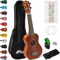 TIGER UKEKIT Ukulelės rinkinys pradedantiesiems, soprano ukulelė, derintuvas, dirželis, lipdukai, atsarginės stygos ir veltinio kirtiklis - natūralus -