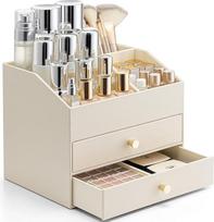 Vlando Make-up-Organizer, Aufbewahrung, Kunstleder, Make-up-Aufbewahrung mit 2 Schubladen, Kosmetik-Organizer, Schminktisch-Organizer, Hautpflege-Organizer für Lippenstifte, Schmuck, Nagelpflege, Weiß