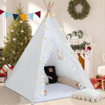 WIRHAO "Teepee" palapinė vaikams su paminkštintu kilimėliu Medvilninės drobės "Teepee" palapinė vaikams su pomponu Vidinė vaikiška palapinė mergaitėms berniukams su žvaigždžių žibintais, krepšiu, vėliava (balta)