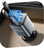 "Lamicall 4-in-1" cigarečių žiebtuvėlio USB C automobilinis įkroviklis - [50% mažas] [įtampos rodmuo] 69W USB adapterio automobilinis greitasis įkroviklis su ištraukiamu C tipo kabeliu, 24/12V automobilinis įkroviklis iPhone/Samsung
