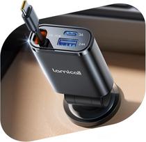 "Lamicall 3-in-1" cigarečių žiebtuvėlio USB C automobilinis įkroviklis - 【2025 itin kompaktiškas】50 W USB adapterio automobilinis greitasis įkroviklis su ištraukiamu C tipo kabeliu/USB C/USB A, 24/12 V automobilinis įkroviklis iPhone/Samsung