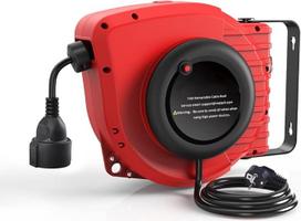 Automatinė 15 m + 1,5 m lauko kabelių ritė, skirta 1500 W (didžiausia apkrova be ritės: 3200 W), su 180° kampu pasukamu sieniniu laikikliu, atstatymo mygtuku ir reguliuojamu stabdžiu