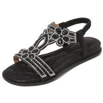 New flat shoes women's bohemian ethnic style flower rhinestone comfortable versatile open-toed women's shoes 36 juoda