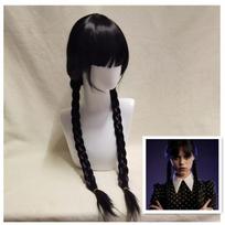 Trečiadienis Addams Cosplay perukas merginoms juodas ilgas pintas perukas Trečiadienis Cosplay sintetiniai plaukai Helovino perukai moterims juoda
