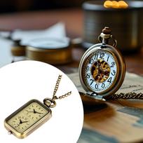 Vintage Design Pocket Watch Pendant Double Movement Antique Necklace, with Chain for