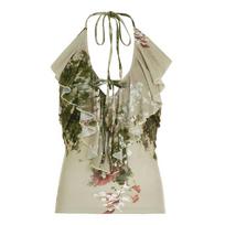 Plant-printed Neck-hanging Small Vest, Ruffle-leaf Edge Lace-up, and Contrasting Backless Spice Girl Top. S žalia