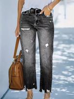 Women's new hot-selling mid-waist straight pants washed casual ripped jeans S juoda