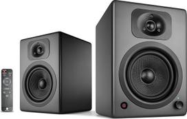 wavemaster TWO NEO Stone Grey - Shelf Speaker System (60 Watt) with Bluetooth Streaming, Digital Ports and IR Remote Control, Active Boxes Use for TV/Tablet/Smartphone, Dark Grey (66364)