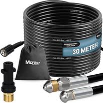 "McFilter" universalus vamzdžių valymo žarnų rinkinys, 30 m, 200 barų, yra krepšys su adapteriu, standūs ir besisukantys antgaliai, suderinamas su "Kärcher K2 K3 K4 K4 K5 K6 K7" slėginiu plovimo įrenginiu