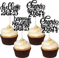 Gyufise Laimingų Naujųjų metų 2024 blizgučių fejerverkai Sveiki, 2024 Naujieji metai Cupcake Picks dekoracijos Cheers to 2024 Naujųjų metų šventės šventės torto dekoracijos Tiekiamos juodos spalvos 24