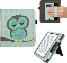 kwmobile Flip Cover Compatible with Kobo Kobo Libra Colour/Tolino Vision Colour - Case with Wrist Strap Owl Sleep Turquoise Brown Mint Green