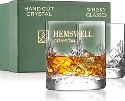 "Hemswell Crystal Whisky Glasses" 2 stiklinių rinkinys - 310 ml "Old Fashioned Glasses", "Whisky Tumbler" - tradicinis šlifuotas švinas be švino, skaidrus viskio stiklas - satino dėžutė (Glenrigg)