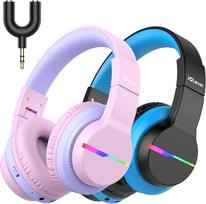 "iClever Bluetooth" ausinės vaikams, 2 vnt., spalvotos LED lemputės, vaikiškos ausinės per ausis, 74/85 dBA garsumo riba, 85 valandų trukmės, "Bluetooth 5.2", įmontuotas mikrofonas