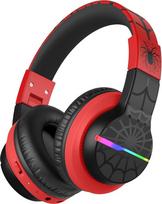 "iClever" "Bluetooth" ausinės vaikams, spalvotos LED lemputės, vaikiškos ausinės per ausis, 74/85 dBA garsumo riba, 85 valandų trukmės, "Bluetooth 5.2", įmontuotas mikrofonas, juodai raudonos spalvos
