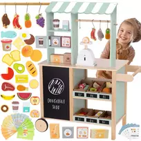 WOOPIE GREEN medinė parduotuvė 5in1 – prekybos kioskas, restoranas, kavinė ir virtuvėlė, 73 dalių