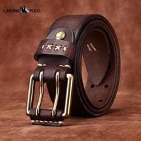 Retro Korean Style Trendy Personality Ins Double Pin Buckle Belt Men's Genuine Leather Belt 100cm kava