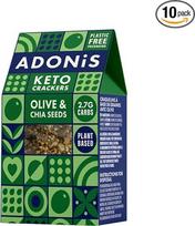 "Adonis Keto" alyvuogių ir čija sėklų krekeriai (10 x 60g pakuotė) | Vegan & Keto Friendly | 100% natūralūs | Be glitimo, be cukraus, be palmių aliejaus, be pieno | Mažai cukraus, mažai kalorijų ir mažai angliavandenių