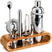 "Mixology & Craft Cocktail Set" (10 dalių) - elegantiškas kokteilių plakiklių rinkinys su nerūdijančio plieno plakikliu ir baro reikmenimis mediniame bambuko stovelyje - dekoratyvinis dovanų rinkinys - sidabrinis