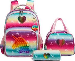 HTgroce Mergaičių mokyklinis krepšys mergaitėms Pop It kuprinė Mokyklinis krepšys mergaitėms Komplektas 3 in 1 su pietų maišeliu ir pieštukine Pop Fidget Bag, spalva: vienaragis, kuprinė