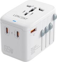LENCENT tarptautinis kelioninis adapteris, GaN III 65 W universalus kelioninis kištukas su 1 USB-A ir 3 USB-C PD Quick Charge, A/C/G/I tipo (JAV/UK/ES/AUS) lizdo adapteris, baltos spalvos
