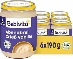 "Bebivita" ekologiška vakarinė košė "Semolina Vanilla" (6 x 190 g), nuo 5 mėnesio, be pridėtinio cukraus, soti, 100 % ekologiška kokybė