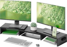 "BONTEC Dual Monitor Stand Riser", stalinio monitoriaus stovas su išmaniojo telefono laikikliu, reguliuojamo ilgio ir pasukimo kampo medinis stalinis organizatorius, skirtas kompiuterio monitoriui, nešiojamajam kompiuteriui, spausdintuvui