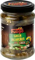"Fuego" - pjaustytos žaliosios jalapenos, įvairiems patiekalams suteikia meksikietiško aštrumo, taip pat puikiai tinka marinatams ir padažams, 1 x 210 g