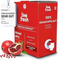 "LiveFresh" šalto spaudimo granatų sultys, 3 litrai, 100 % granatų sultys be priedų, pagamintos Vokietijoje, konservuotos aukštu slėgiu, pristatomos vėsiai