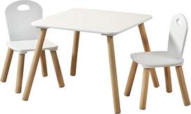 1 x vaikiškas stalas su 2 kėdėmis, baltos spalvos, matmenys: Stalas 55 x 55 x 45 cm, kėdė 27,5 x 27,5 x 50,5 cm.
