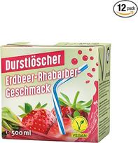 Durstlöscher Strawberry Rhubarb: nealkoholinis gėrimas su braškių ir rabarbarų skoniu, geriamasis įpakavimas be lašinukų, veganiškas, negazuotas vaisinis gėrimas, idealiai tinka keliaujant ir namuose, 12 x 500 ml