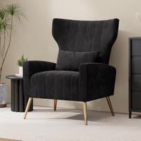 "Hawthyhome" poilsio krėslas, viengulė sofa, televizoriaus kėdė, sparnelio formos kėdė su pagalve ir aukso spalvos metalinėmis kojelėmis, pagaminta iš aksomo, iki 130 kg, miegamasis, svetainė, juoda