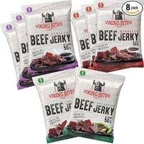 "Viking Bites Beef Jerky" mišri dėžutė 400 g (8 x 50 g) - 3 x Barbecue, 3 x Teriyaki, 2 x Jalapeno - Džiovinta jautiena - daug baltymų turintis mėsos užkandis