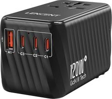 LENCENT International Travel Adapter, 120W GaN3 Universal Adapter with 3 PD3.0 Type C+1 QC USB A, Worldwide Adapter for Mobile Phones, All in One Travel Plug for EU/USA/UK/AU Sockets, Black